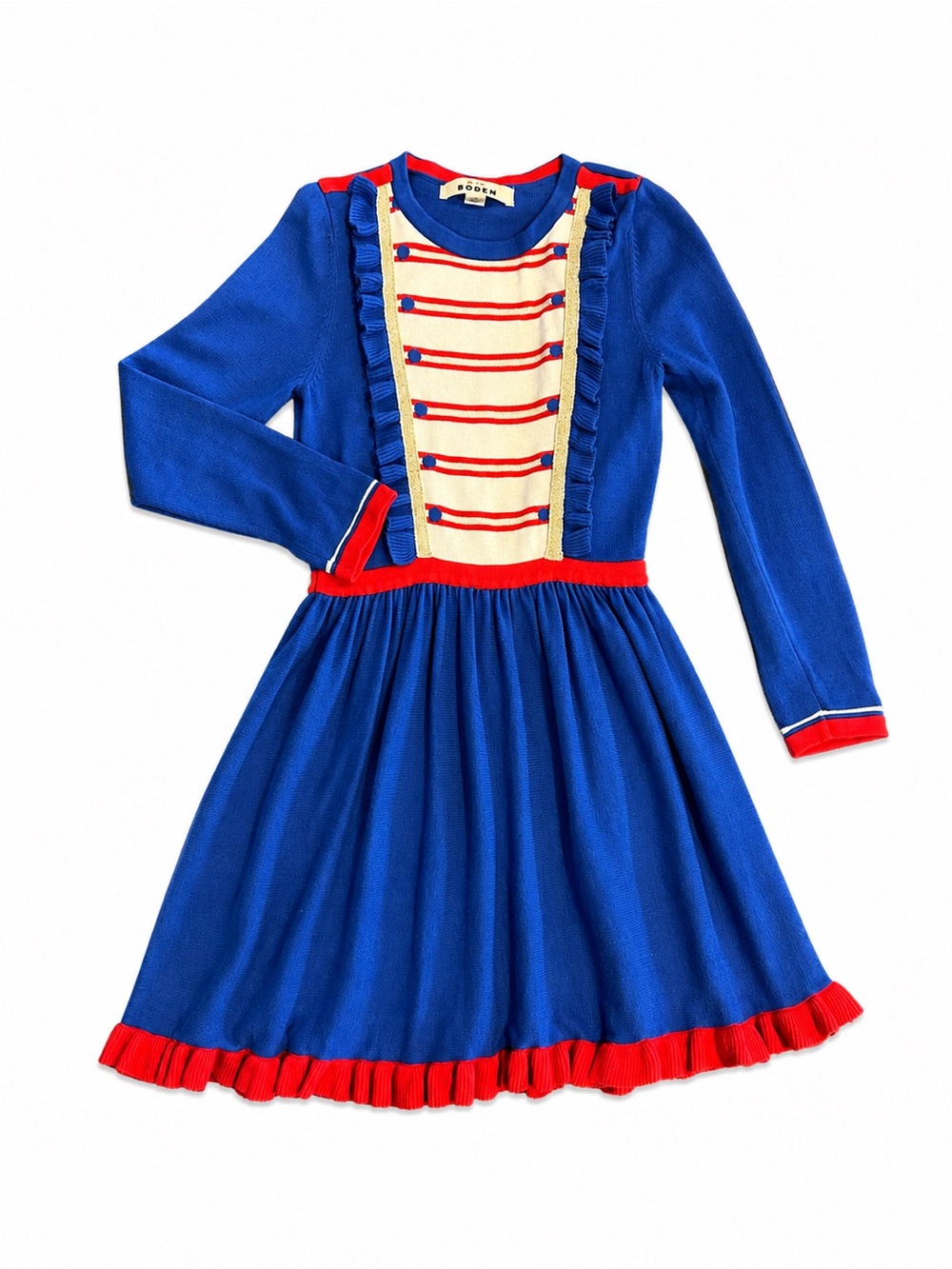 Mini Boden Girls 7-8y Nutcracker Knit Dress Blue Red Gold Holiday
